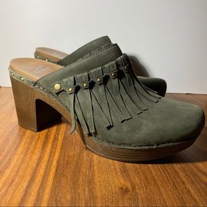 Dansko Deni olive nubuck tassel clogs